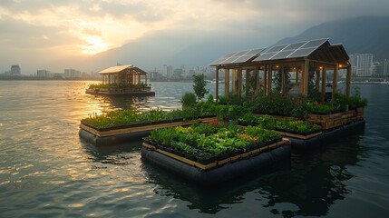 Floating gardens with solar panels at sunset.