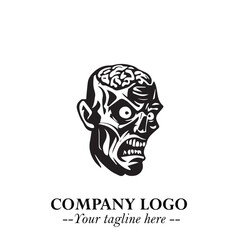 Head of Zombie Logo Symbol in Black on the White Background with Horror Minimal Vector Design
