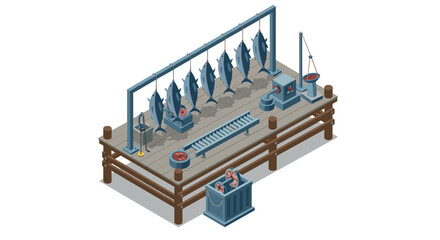 Naklejka premium Isometric seafood processing plant with conveyor and hanging fish