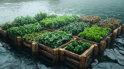 Floating garden with various greens in wooden crates on calm water.