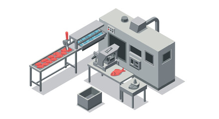 Obraz premium Isometric fish processing plant with conveyor and machinery for food production