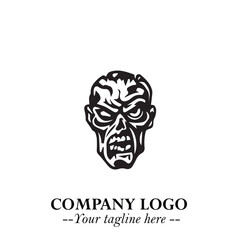 Head of Zombie Logo Symbol in Black on the White Background with Horror Minimal Vector Design