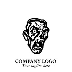 Head of Zombie Logo Symbol in Black on the White Background with Horror Minimal Vector Design
