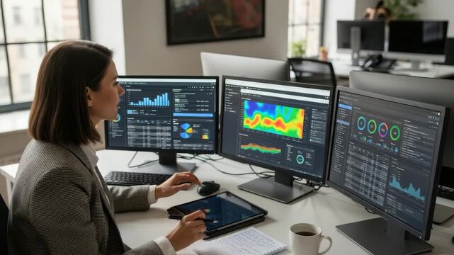 Woman analyzes data on multiple monitors in a modern office setting