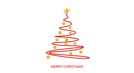 A minimalist Christmas tree design, featuring a red line and golden ornaments, with a star on top.