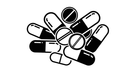 A black and white graphic illustration of a pile of assorted pills and capsules.