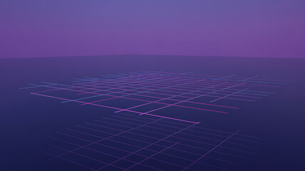 Abstract aerial view of a glowing purple city grid at twilight with a vast dark expanse below