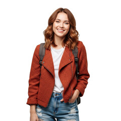 Young woman with backpack isolated on transparent background