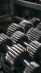 Naklejka premium Precision engineering reveals intricate metal textures on a meticulously aligned gear rack display