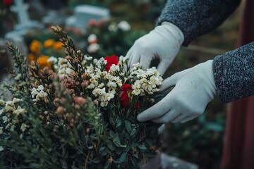 Hands in white gloves arranging a bouquet of white and red flowers with green foliage, symbolizing care and remembrance