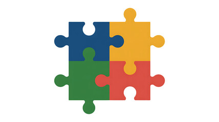 Fototapeta premium Colorful jigsaw puzzle pieces joined together, four interlocking puzzle parts in primary colors, concept of teamwork and business collaboration