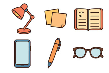 Work desk essentials for productivity and organization needs. Set of 6 vector illustration