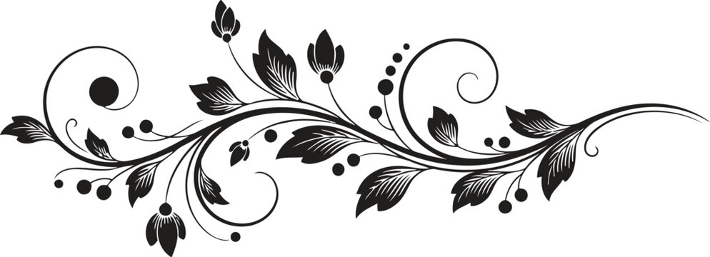 Elegant black and white swirling floral ornament with leaves and buds