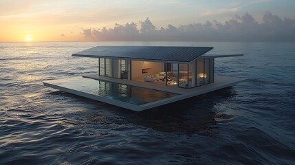 Modern floating house with pool at sunset.
