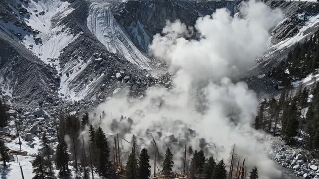 Dynamic Glacier Rockfall Unleashes Powerful Dust Avalanche Across Majestic Snowy Mountain Landscape