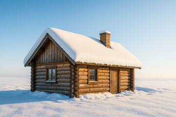 Ultra-realistic photograph of a small wooden log cabin surrounded by untouched snow under bright winter sunlight. The warm golden tones of the wood contrast beautifully with the white snow and sky