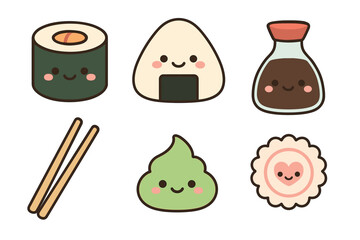 Cute Japanese food characters for fun and playful designs. Set of 6 vector illustration