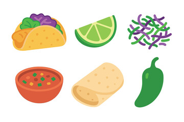Delicious Mexican cuisine displayed in colorful graphic format. Set of 6 vector illustration