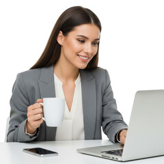 Smiling businesswoman holding coffee cup working on laptop isolated on transparent background