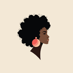 Stylish female profile illustration with afro hairstyle and big earrings, minimalist hand-drawn vector in modern fashion and beauty design