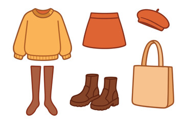 Cozy autumn outfit collection for casual gatherings and outings. Set of 6 vector illustration