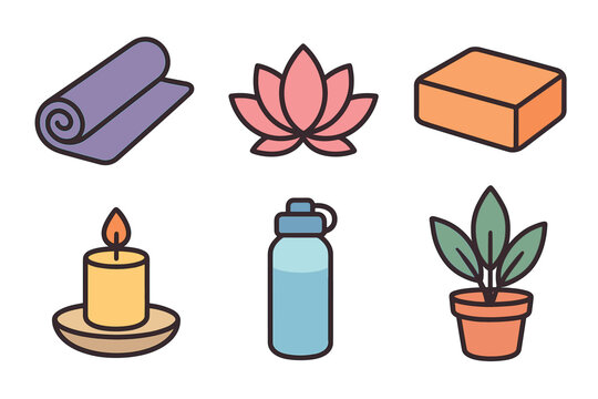 Wellness essentials for relaxation and mindfulness practice. Set of 6 vector illustration