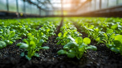 Lush green seedlings growing in rows inside a greenhouse, sunlight shining.