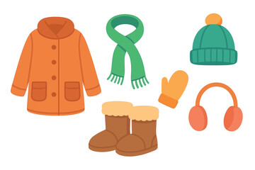 Cozy winter essentials for keeping warm during chilly days. Set of 6 vector illustration