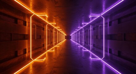 Long concrete corridor illuminated by contrasting neon light strips receding into the distance