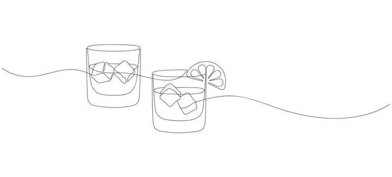 Whiskies and ice. Scotch on the rocks in glasses. Whiskey and soda. Continuous one line drawing vector illustration