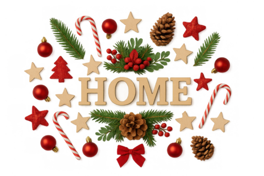 Wooden home letters surrounded by christmas decorations, pine cones, candy canes, star ornaments, and red berries, flat lay