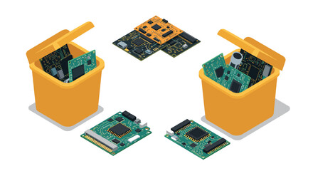 Isometric electronic circuit boards in yellow bins for ewaste recycling