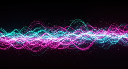 Vibrant neon energy waves pulse across a dark background with glowing particles