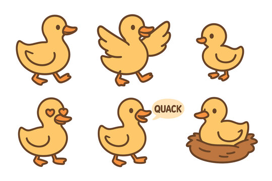 Cute cartoon ducks with various expressions and activities. Set of 6 vector illustration