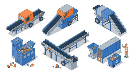 Obraz premium Isometric waste management facility with recycling and conveyor systems
