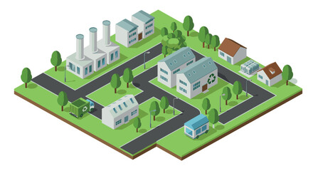 Sustainable city concept with recycling facilities and green energy sources in isometric style