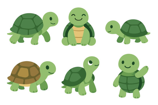 Cute cartoon turtles with cheerful expressions for fun design projects. Set of 6 vector illustration