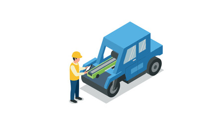 Isometric construction vehicle analysis with worker in hard hat using tablet