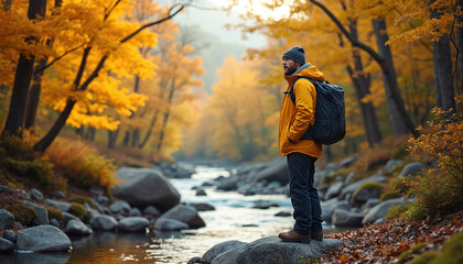 Man in yellow jacket, backpack stands by autumn river. Wears beanie, beard. Nature scene with bright fall foliage, rocks. Hiker enjoys tranquil forest environment. Outdoor adventure, travel in woods,