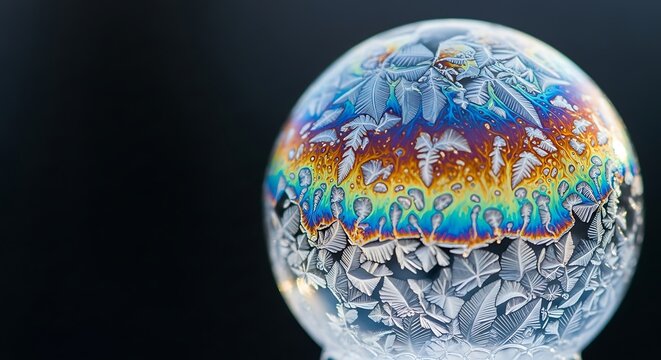 Macro photograph of a frozen soap bubble with intricate ice crystals and vibrant rainbow colors - Powered by Adobe