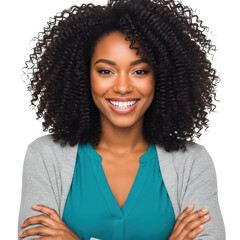 Smiling young woman with curly hair isolated on transparent background