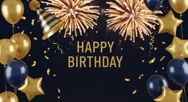Sparkling happy birthday celebration with fireworks and balloons