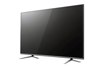 Sleek modern flat-screen television with a reflective black screen, standing on an isolated white background. High-definition display technology for home entertainment and media consumption