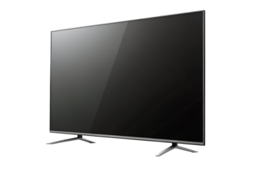Sleek modern flat-screen television with a reflective black screen, standing on an isolated white background. High-definition display technology for home entertainment and media consumption