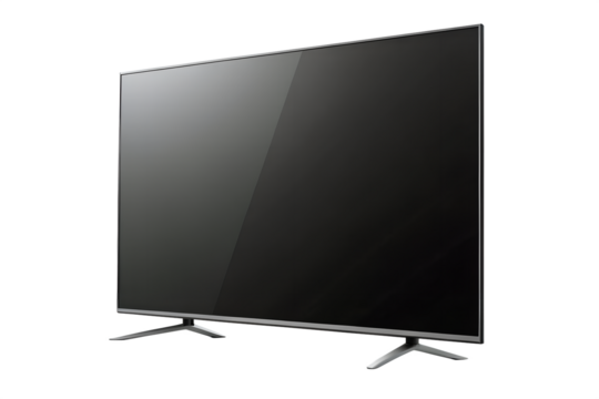 Sleek modern flat-screen television with a reflective black screen, standing on an isolated white background. High-definition display technology for home entertainment and media consumption