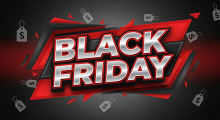 Black Friday sale banner with red and white text against a dark background, ideal for holiday promotions. Black Friday design elements include animated price tags and motion blur for emphasis. 