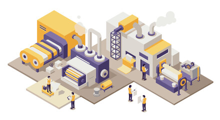 Obraz premium Isometric factory scene with modern machinery and workers in action
