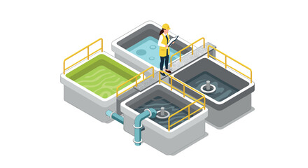 Isometric water treatment plant with engineer monitoring clarifiers and filtration systems