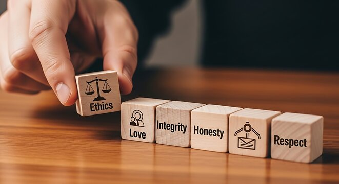 Hand stacking wooden blocks with virtues like ethics, love, integrity, honesty, respect