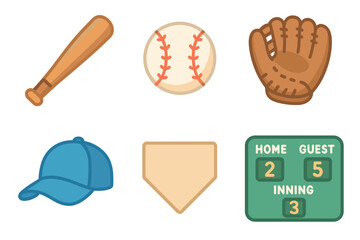 Fun baseball accessories for a game day experience. Set of 6 vector illustration